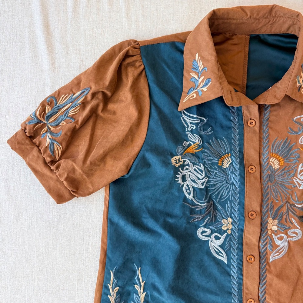 Embroidered Western Blouse Small Brown Teal Puff Sleeve Boho Cowgirl Shirt - Picture 7 of 13